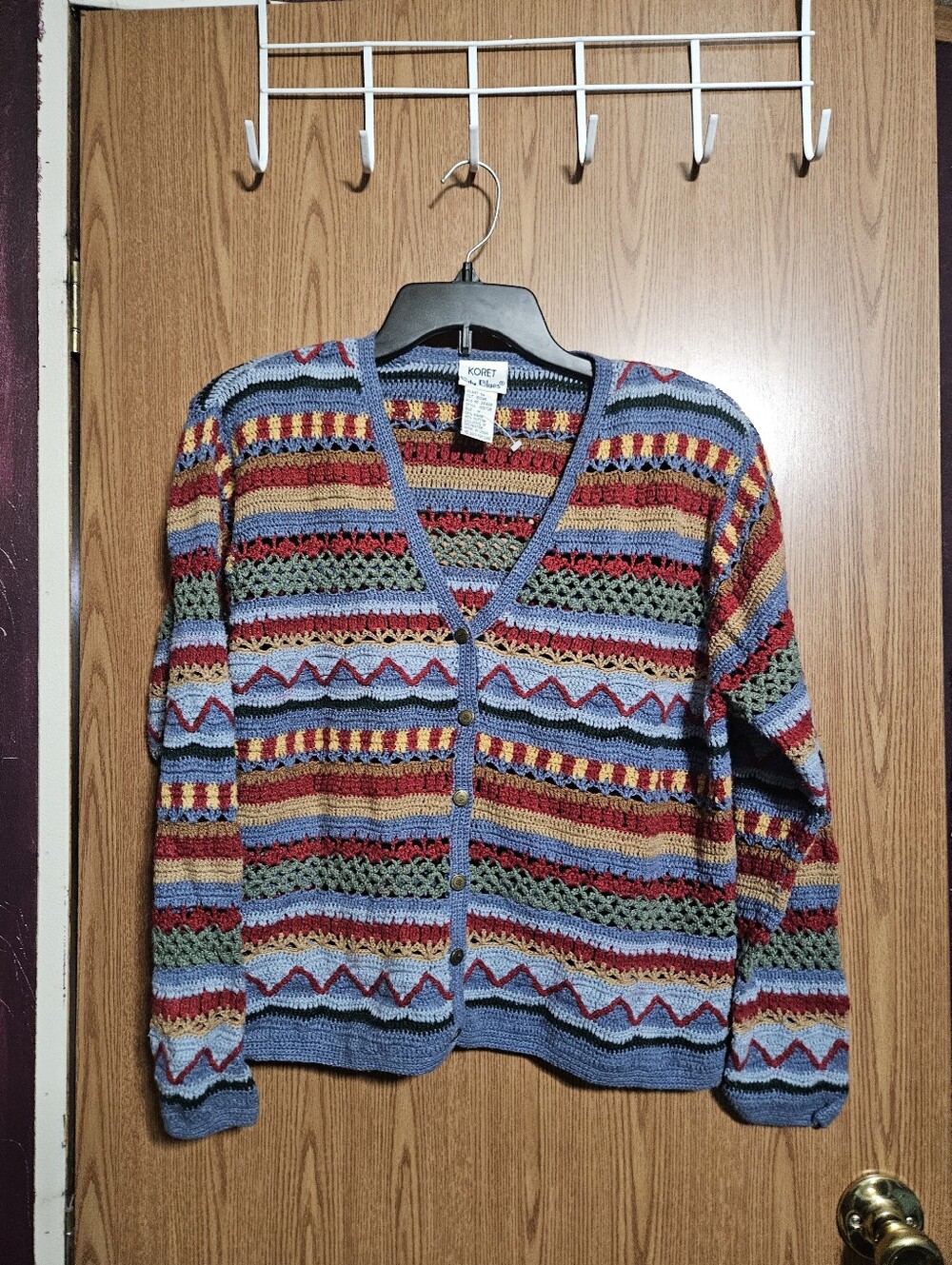 Vintage Koret Multicolor Crochet Knit Button Cardigan Grannycore Shoulder Pads M